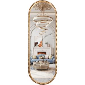 Oval Full Length Mirror, 20"x53" Metal Beaded Frame Large Hanging Dressing Floor Mirror for Bedroom, Living Room, Entryway, Antique Gold (No Stand)