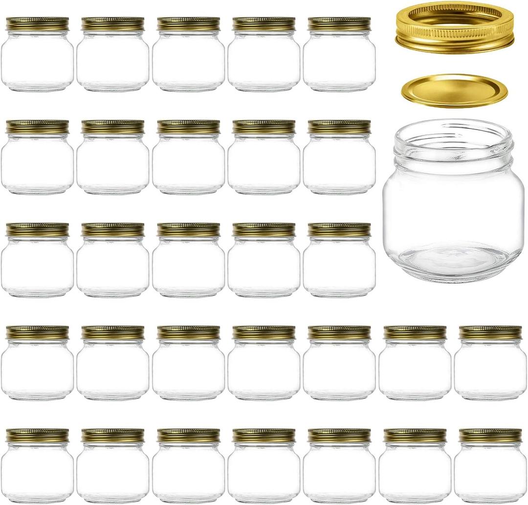Encheng 8 oz Glass Jars With Lids,Regular Mouth Mason Jars For Storage,Spice Canning Jar For Caviar, Herb, Jelly, Jams, Honey,Dishware Safe,Set Of 30