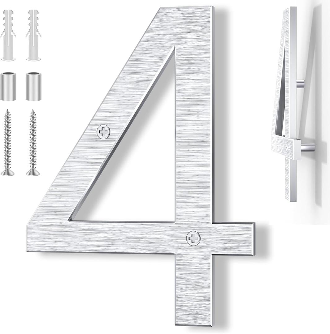 8 Inch Large Metal House Number for Outside, Modern Floating Home Address Numbers, Aluminum Silver Anti-Rust numbers for house for Garden Front Door Garage Apartment Signage,911 Visibility Signage (4)