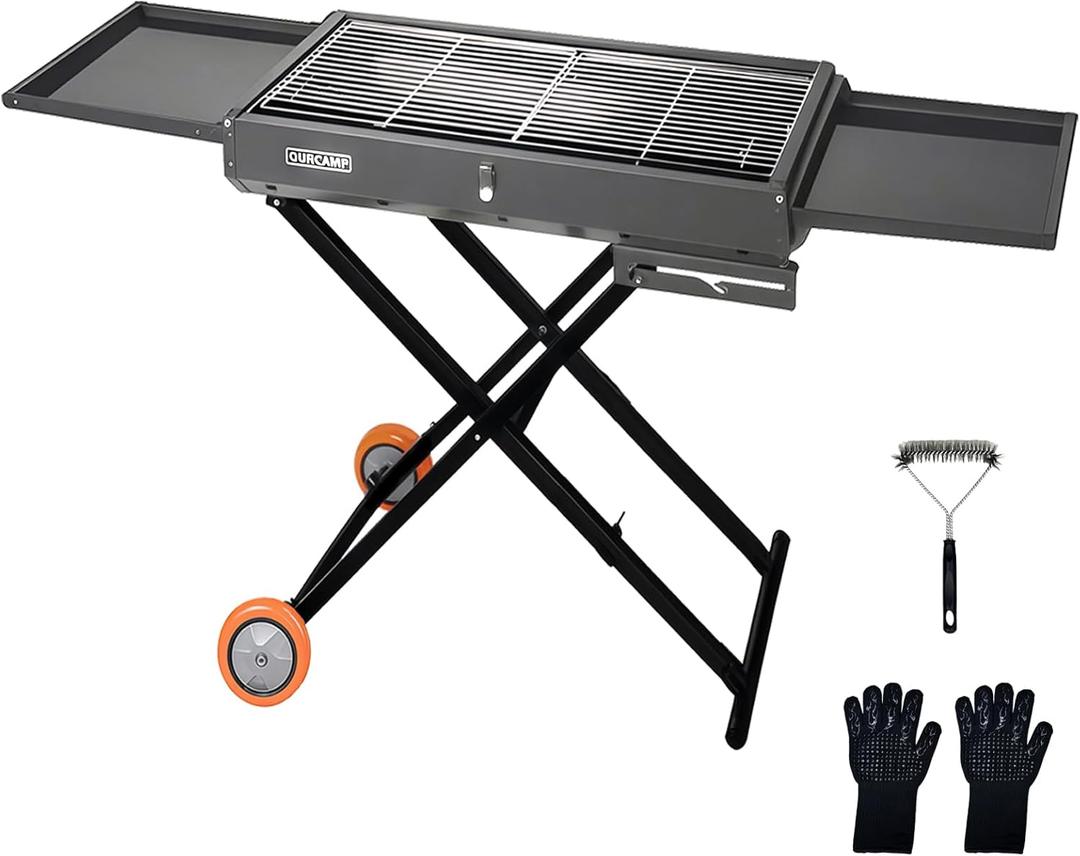 Dual-purpose Outdoor BBQ Charcoal Grill with Side Table, Foldable Cart Table with Wheels for Outdoor Backyard, Patio and Parties (Dustproof Gray)