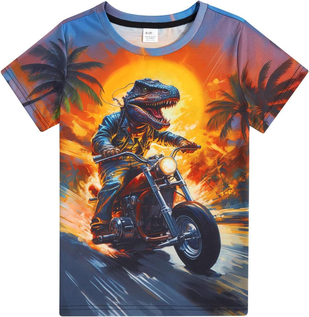 Funnycokid Boys Girls Shirts Graphic T-Shirt Neon Clothes Kids Novelty Youth Short Sleeve Animal Print Tees 4-16 Years (8-9 Years, Dinosaur)