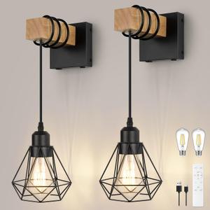 Battery Operated sconces Set of 2 for Bathroom, Dimmable Wall Sconces with Remote Control, Black LED Wireless Wall Lights for Living Room, Hallway, Bedroom(2 Pack)