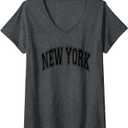 Womens New York Arched Style Text Gray with Black Print V-Neck T-Shirt, S