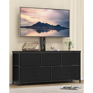 TV Stand with Mount, Fabric Dresser with 5 Drawers for 32/45/55/60/65/75 inch TVs, Black Dresser Entertainment Center, Modern Media TV Console Table