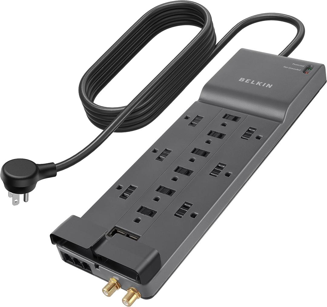 Belkin Power Strip Surge Protector with 12 AC Multiple Outlets, 10 ft Long Flat Plug Heavy Duty Extension Cord for Home, Office, Travel, Computer Desktop, Laptop & Phone Charging Bricks (4,156 Joules)