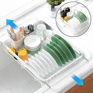 Kitsure Dish Drying Rack for Kitchen Counter, Stainless Steel Sink Organization and Storage Essentials with Cutlery Holder, Home and Appartment Decor, 12''W x 15''~23''L, White