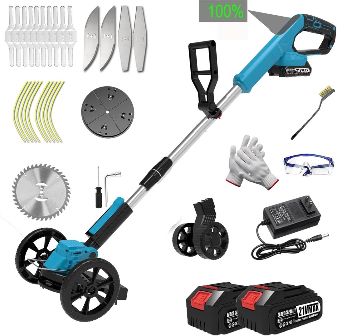Cordless Weed Wacker Eater Battery Powered Electric Weed Trimmer, with 2Pcs 21V Battery 5 Types Blades Lightweight Grass Trimmer Edger Lawn Tool, Push Wheeled No-String Trimmer for Garden Yard(Missing brush)
