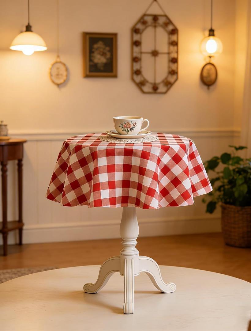 Waterproof Plaid Tablecloth Fabric - Round 25 Inch Classic Gingham Checker Table Cloth for Indoor/Outdoor Use - Buffalo Table Cover for Picnics, BBQs, and Parties (Red White)