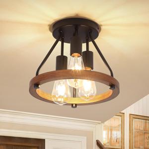 3-Light Semi Flush Mount Ceiling Light Wood Hallway Light Fixtures, Farmhouse Flush Mount Chandelier, Ceiling Light for Kitchen Entryway Foyer, UL-Listed (3-Light Wood)