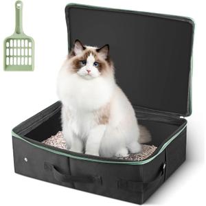 Cat Enclosed Travel Litter Box Kit with Lid Odorless Dustless, Lightweight Cat Portable Foldable Litter Box for Indoor and Car (Small, Black and Whi)