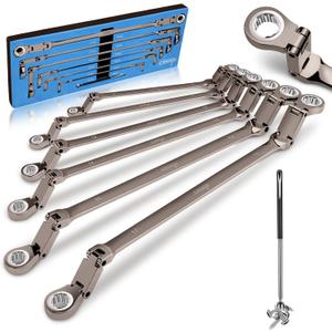 DISEN Upgraded Double Jointed Extra Long Flex Head Ratchet Wrench Set, 6 PCS Metric 8-19mm Box End Ratcheting Wrench set with Magnetic Pickup Tool, 72-Teeth, Cr-V Steel,12 Point, Grey Nickel