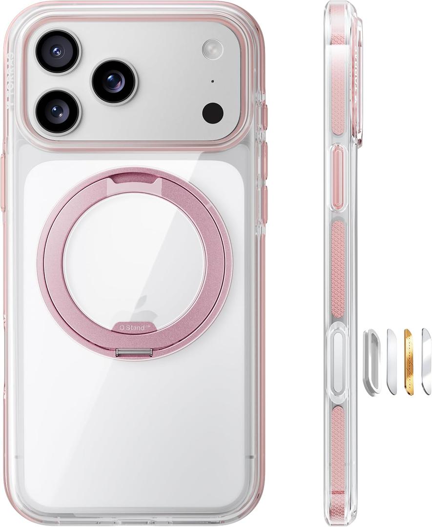 TORRAS 360 Magnetic Stand for iPhone 17 Pro Case Ultra Clear, [Fit for MagSafe] [4X Military-Grade Protection] Slim Transparent Non-Slip Case with Camera Button, Rosy Pink 6.3", O3 Light Series