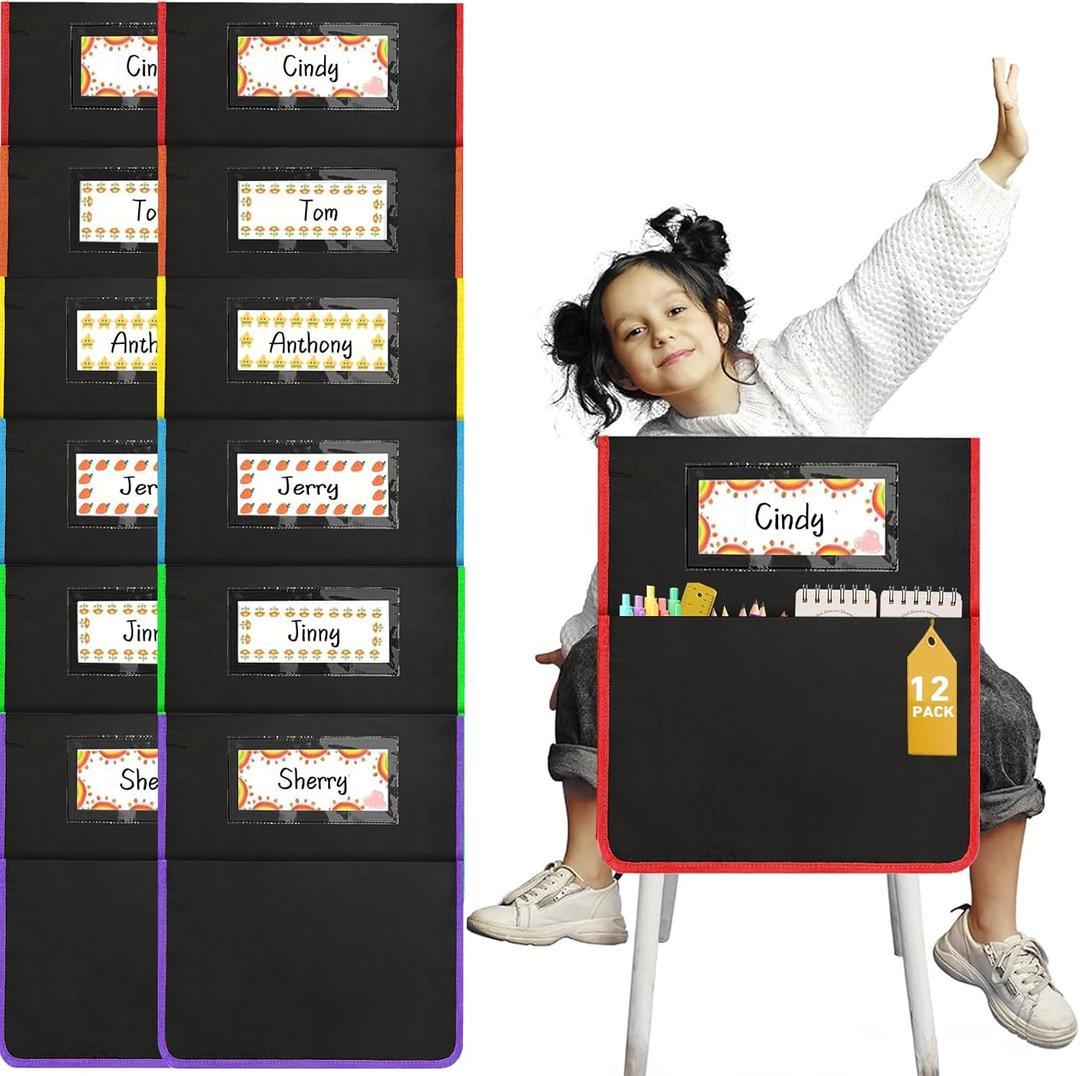 12 Pcs Classroom Chair Pockets, 17 x 15 Inch Seat Sacks for Chairs, Buddy Pocket, Chart Seat Back Organizer With Name Tag