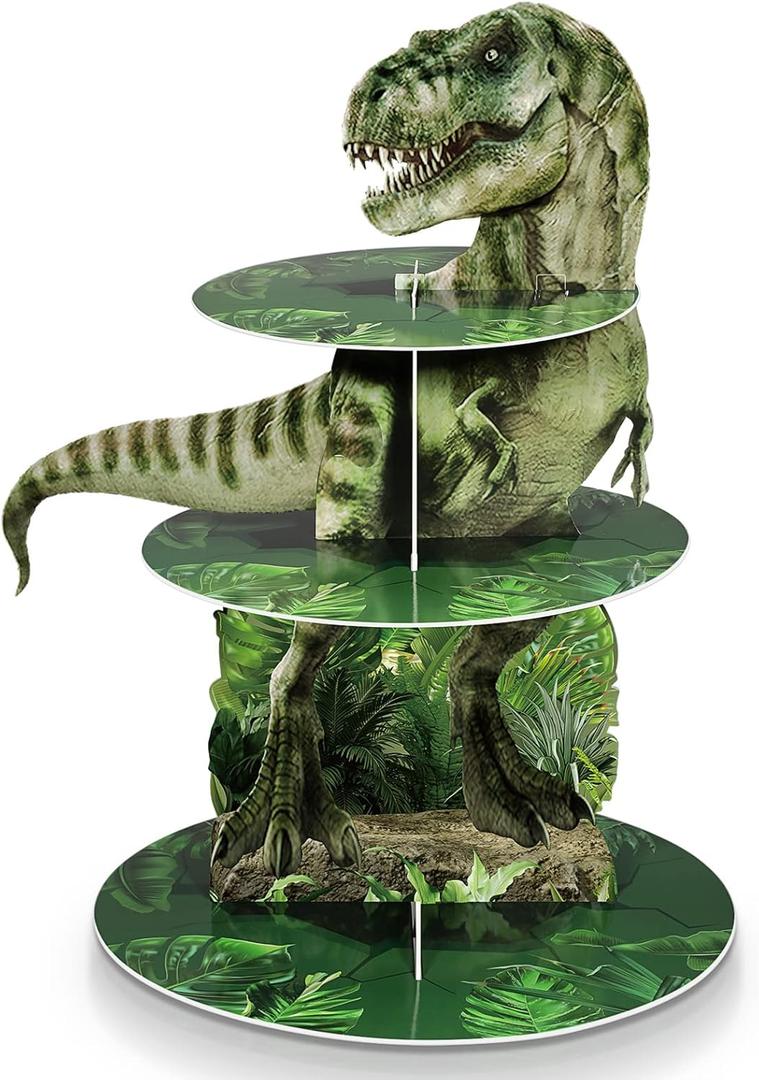 3 Tier Dinosaur Cupcake Stand Party Decorations Dinosaur Theme Cupcake Holder Decorations Dino Dessert Tower for Kids Dino Jungle Theme Party Birthday Supplies(Realistic)