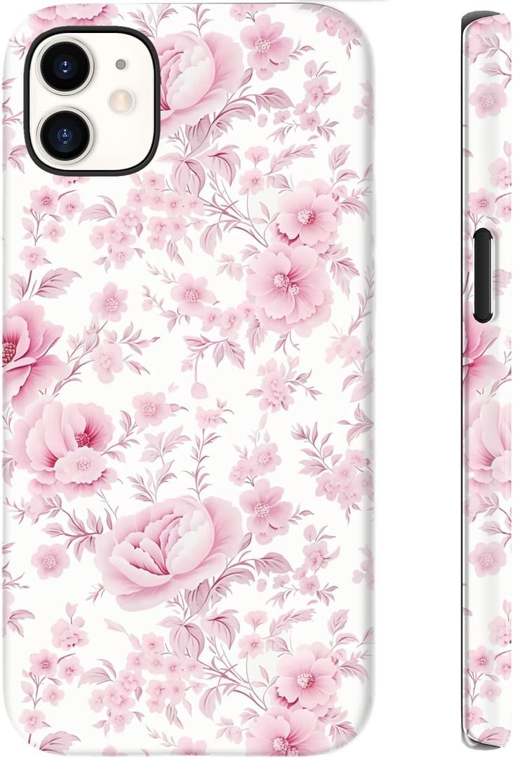 for iPhone 12 Mini Case Cute Wireless Charging Compatible Dual-Layer Shockproof Protection with Stylish Wildflower Design Protective Cover for Women - Romantic Pink Bloom