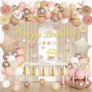 Ouddy Life Birthday Decorations for Women Girls, Neutral Foil Star Balloons Happy Birthday Circle Dots Banner Fringe Curtains Cake Topper Butterfly Paper Pompoms for Baby Shower Party Supplies