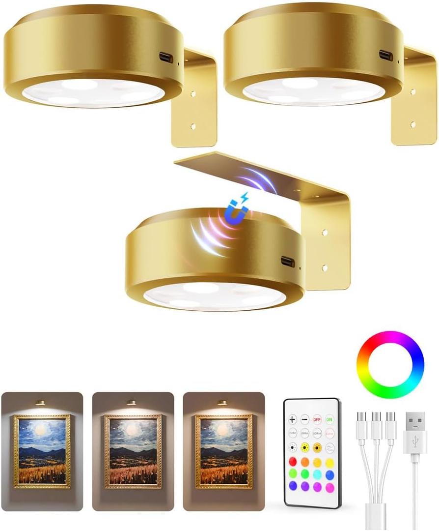 EZVALO Picture Lights for Wall, 2000mAh Rechargeable Battery Magnetic Poster Lights with 3 Color Temps & 12 RGB, Remote Dimmable Timer Painting Light, Wall Decor Light for Art Display, Frame (2 Pack) (Gold)
