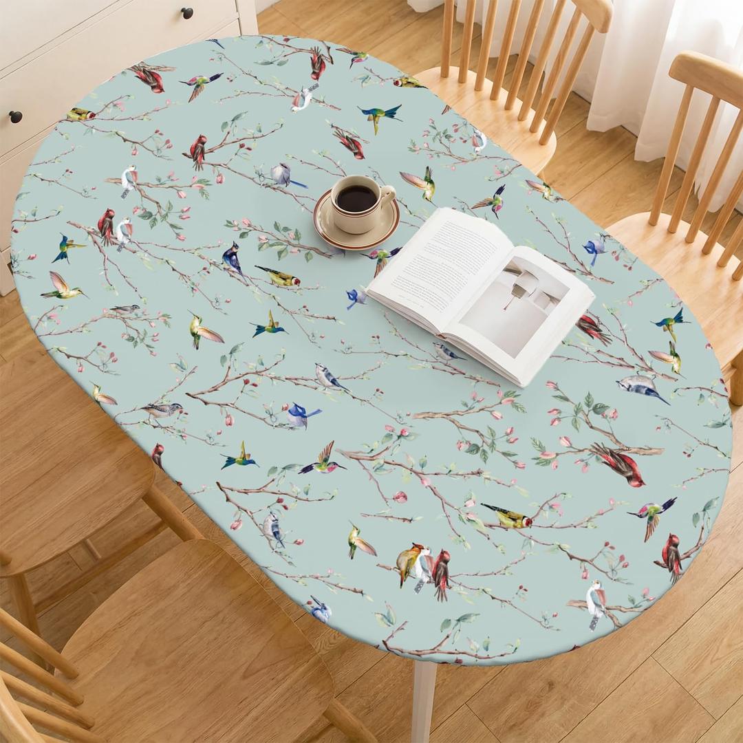 Horaldaily Spring Fitted Tablecloth 68 x 48 Inch Oval, Spring Colorful Birds Branch Green Washable Table Cover Elastic Edged for Dinning, Picnic, Camping, Banquet
