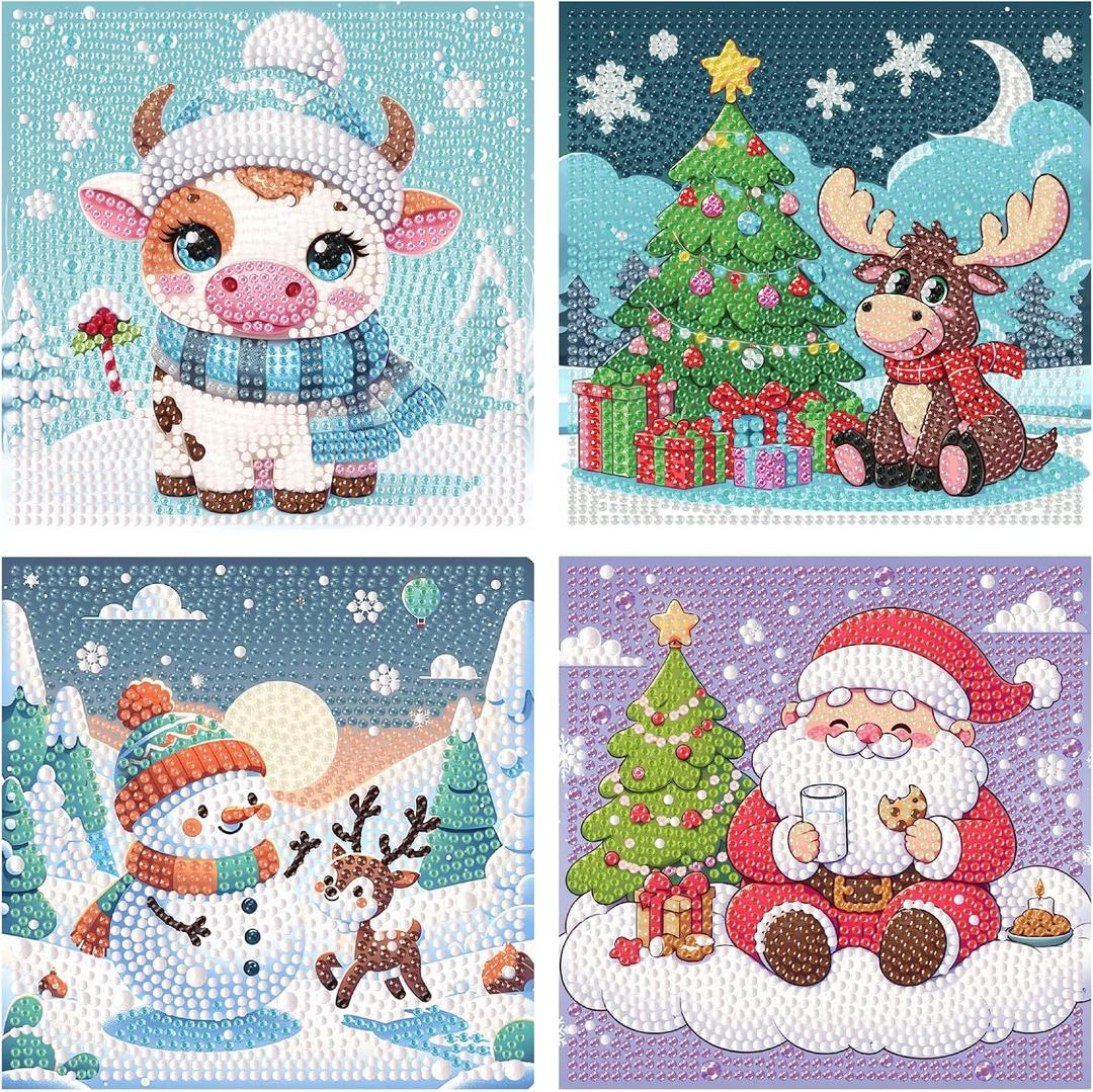 5D Diamond Art Kits for Beginner, 4 Pcs Colorful Christmas Kid's DIY Diamond Big Gem Art,Kids' Mosaic Snowman Diamond Art Kits Crafts for Kids Ages 4-8-10-12 Children for Gifts 6x6inch(Without Frame)