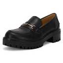 Womens Lug Sole Platform Mid Chunky Heel Loafers Classic Round Toe Slip On Office Uniform Oxfords Shoes with Metal Chain,  8.5
