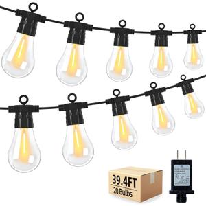LED Outdoor String Lights with 20 Shatterproof Edison Bulbs, 39.4FT Commercial Grade Patio Lights, Replaceable Wick Outside Hanging Lights Waterproof for Porch, Deck, Garden, Backyard 2700K