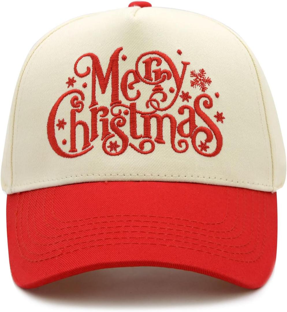 Qoyupuza Two-Tone Merry Christmas Embroidery Dad Hat - Eco-Friendly Degradable Snapback, Unisex Xmas Holiday Cap (Red/Beige)
