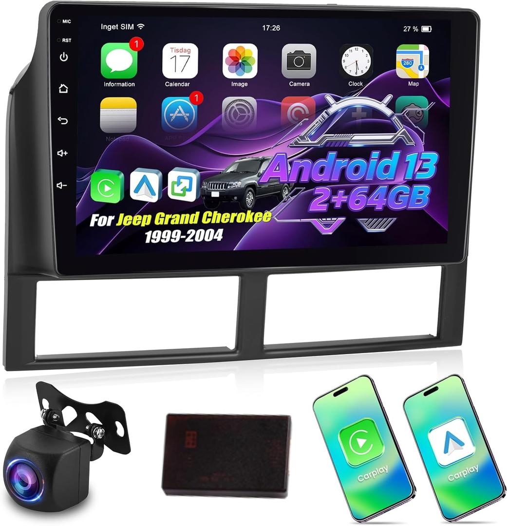 Android 2G+64G Car Radio for Jeep Grand Cherokee 1999-2004 - 9 Inch HD Touch Screen Stereo with Wireless Carplay & Android Auto - EQ/WiFi/GPS/SWC/Split Screen + AHD Rear View Camera