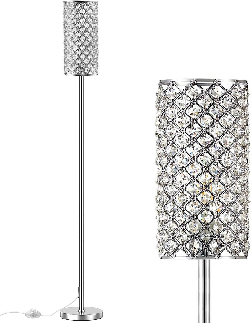 Crystal Floor Lamps - Modern Silver Standing Lamp with 3 CCT LED Bulbs for Elegant Home Decor Living Room and Bedroom Lighting