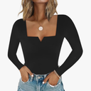 Chunpin Women's Square Neck Notch V Neck Long Sleeve Bodysuit Tops Double Lined Thong Bodysuit, XXL