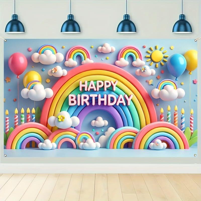 Rainbow Clouds Happy Birthday Backdrop Banner Colorful Balloons and Candles Theme Birthday Banner Birthday Background Party Decoration