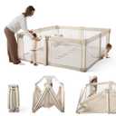 Foldable Baby Playpen,Portable Indoor & Outdoor Playpen for Babies and Toddlers, 59”x71”Extra Large Play Pen with Gate,Collapsible Baby Fence with Travel Bag (Light Khaki)