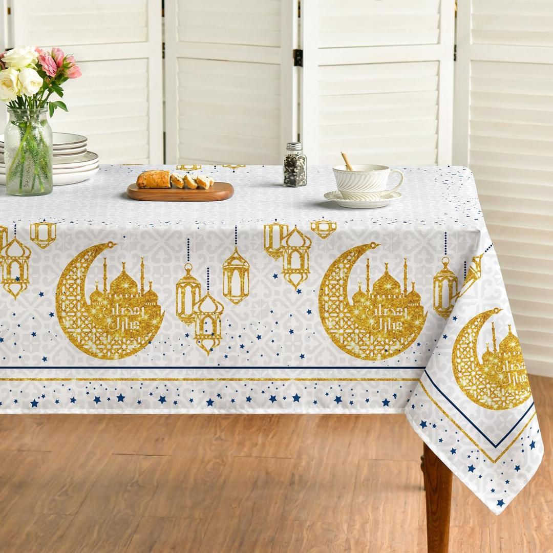 Horaldaily Ramadan Tablecloth 60140 Inch Rectangular, Eid Al-Adha Mubarak Washable Seasonal Table Cover for Party Picnic Dinner Decor (Grey)
