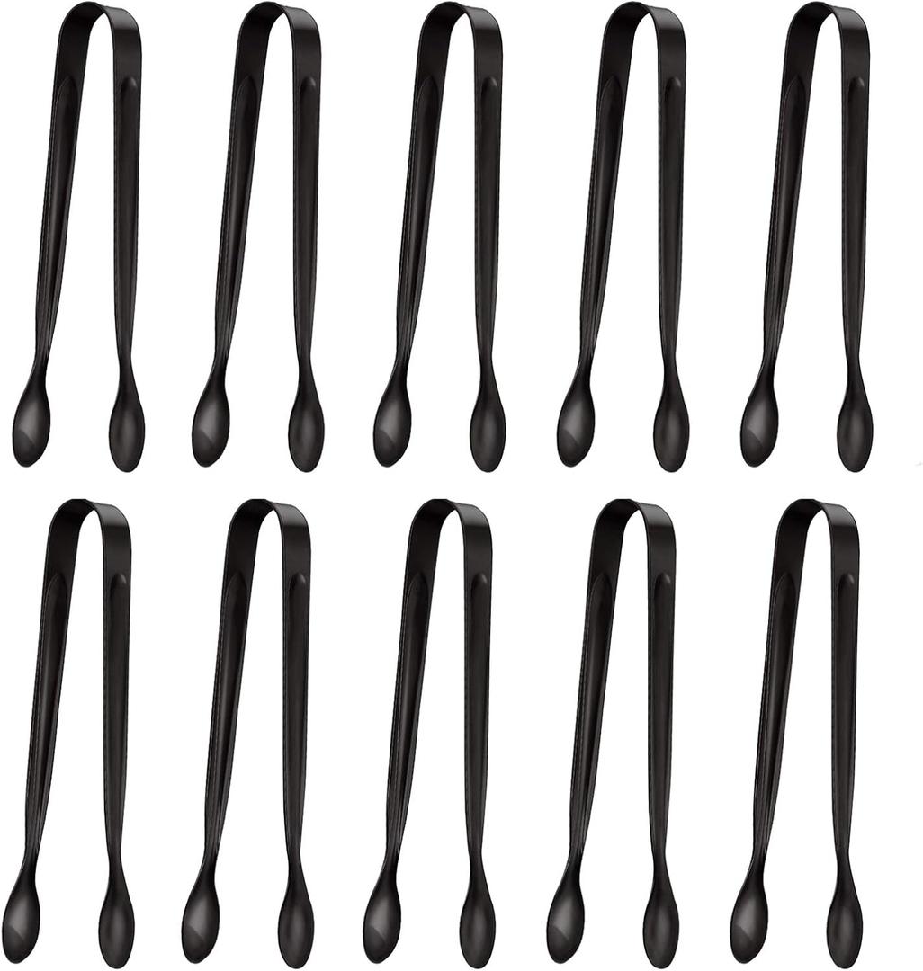 10 Pack Small Ice Tongs Sugar Tongs, Stainless Steel Mini Serving Appetizers Tongs for Party Coffee Tea Bar Kitchen (Black)