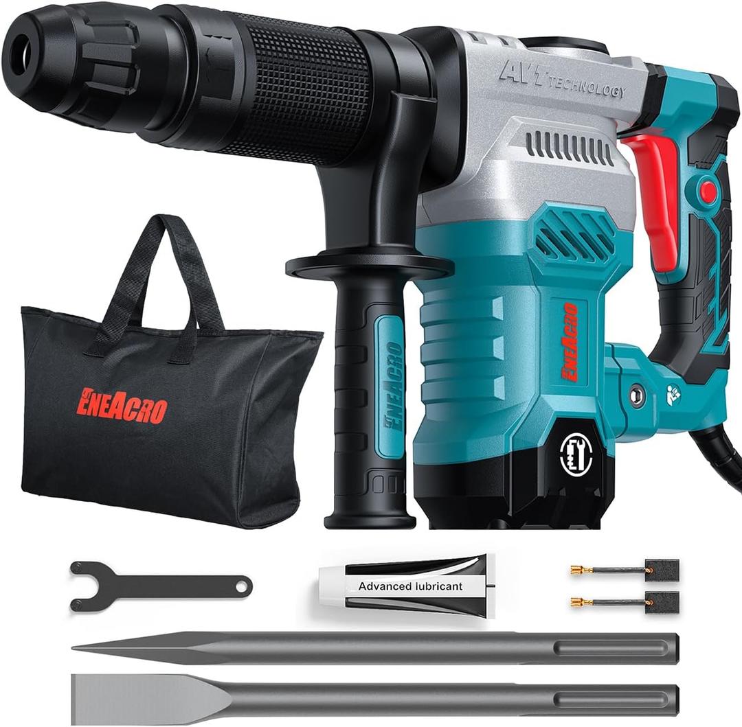 ENEACRO SDS-Max Demolition Jack Hammer for Concrete, Lightweight 11 Amp Electric Demo Chipping HammerAluminum Alloy Shell, Vibration Control, Includes Grease, Tool Bag and Chisels