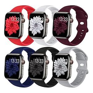 (6 Pack) Sport Band Compatible with Apple Watch Bands 38mm 40mm 41mm 42mm 44mm 45mm, Soft Silicone Replacement iwatch Strap Bands Compatible for Apple Watch Series 6 5 4 3 2 1 SE Men Womens (42mm/ 44mm/ 45mm S/ M, Red/ White/ Wine Red/ Midnight Blue/ Black/ Gray