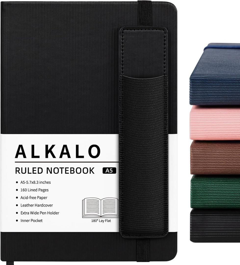 3 x Lined Journal Notebook for Work, A5 Stripe Leather Notebook with Polyester Pen Sleeve, 100GSM/160 Pages Thick Paper, Daily Journals for Writing, School, Note Taking, Business, Travel, College Ruled (Black)