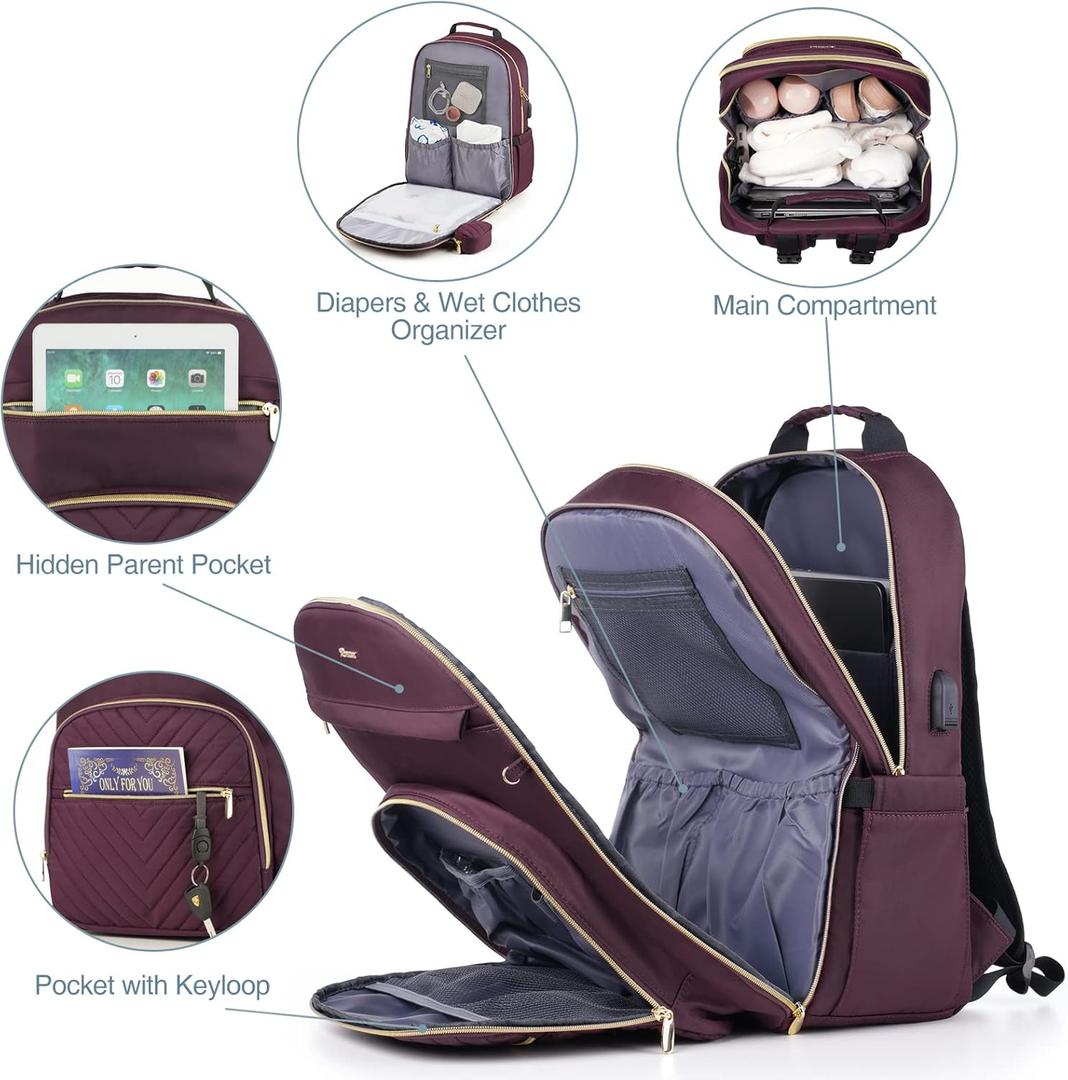 MOMUVO Diaper Bag Backpack, Quilted Baby Bag with Changing Pad & Stroller Straps & Pacifier Case, Large Travel Diaper Bags for Mom Dad