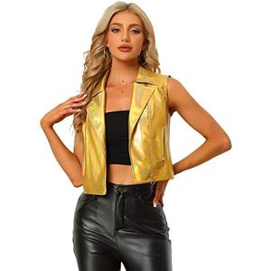 Allegra K Women's Metallic Vest Party Faux Leather Lapel Collar Zip Cropped Sleeveless Holographic Jacket, Medium