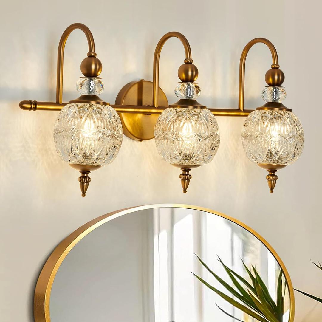Piepooye Vintage Bathroom Lights Fixtures Gold Vanity Light with Glass Globe LampShade 3 Light Mid Century G9 Bulb Wall Sconce Indoor Vanity Light Over Mirror for Kitchen Bedroom Farmhouse Living Room