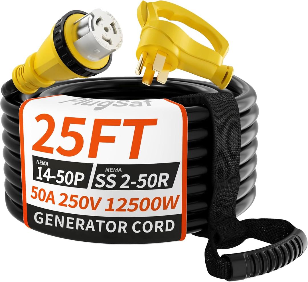 PlugSaf 50 Amp Generator Cord, 25FT 50 Amp RV Extension Cord with Twist Lock, Generator Cable 50A 4 Prong Yellow, NEMA 14-50P/SS2-50R Heavy Duty STW Wire for RV Camper & House