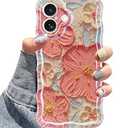 Jusy Case for iPhone 17, Colorful Retro Oil Painting Printed Flower Laser Blue Glossy Pattern Cute Curly Wave Phone Case Soft TPU Cover for Girly Women -Orange White