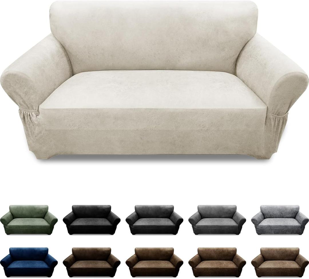 Pfrstuv Loveseat Sofa Slipcover Leather Look Couch Covers for 2 Seater Couch Sofa 1-Piece Sofa Cover Stretch Furniture Protector with Elastic Bottom & Pockets(Loveseat, Beige)