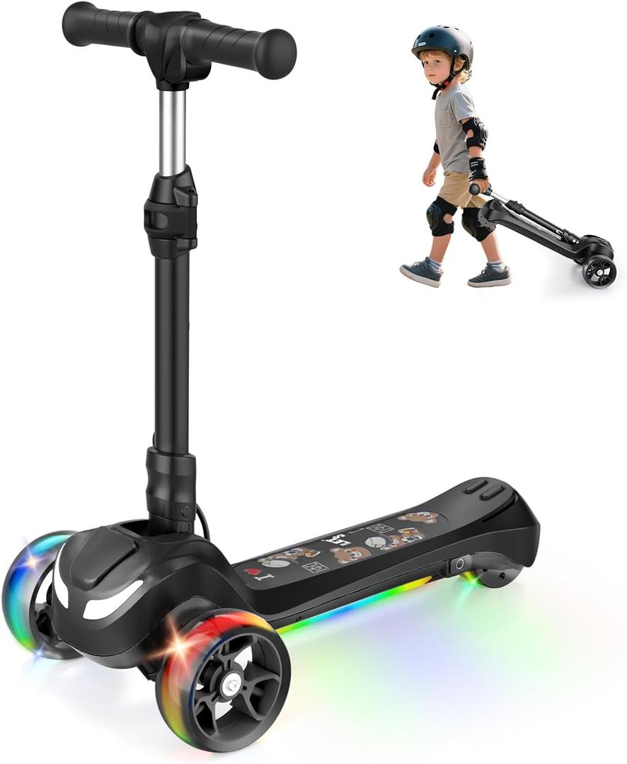 Electric Scooter for Kids Ages 3-12, 3-Wheel Electric Scooter, Electric Kick Scooter with 2 Speed, Long Battery Life, Bluetooth Music, Flashing LED Wheels, Adjustable Height, Gift for Boys/Girls (Black)