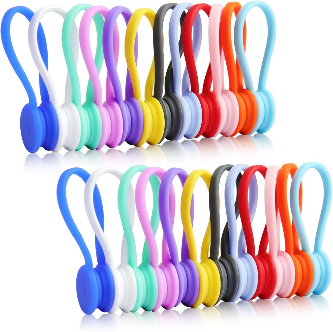 Motiloo 24 Pack Reusable Silicone Magnetic Cable Ties Strong Snap on Magnetic Cord Ties for Bundling and Organizing, Holding Stuff, Book Markers, Fridge Magnets (12 Color-24 Pcs)