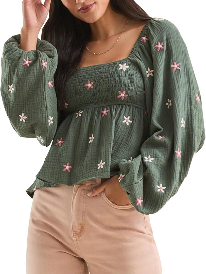 Women Floral Embroidered Blouses Long Lantern Sleeve Smocked Top Y2k Square Neck Babydoll Shirts Vintage Flowy Tops (Large, Dark Green)