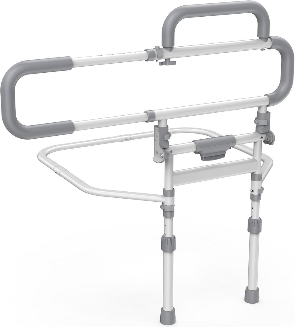 Heavy Duty Bed Rails for Elderly Adults Safety-Foldable Bed Rail for Senior with Adjustable Heights Fits All Bed SizesBed Handle Bedside Assist with Pocket -504M (White and Gray)