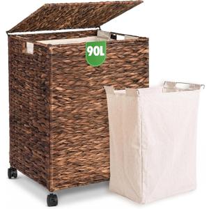 Livole Wicker Laundry Hamper with Lid & Wheel, 23.8 Gallon (90 L) Handwoven Water Hyacinth Laundry Basket with Removable Liner & Handles, Sturdy Steel Frame for Bedroom Bathroom Laundry Room Espresso