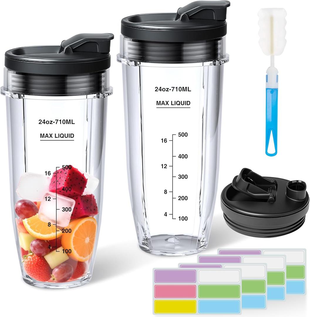 2-Pack 24oz Blender Cups Replacement for Ninja with Sip, Seal Lid, Cleaning Brush & 24pcs Writable Labels, for Ninja BN401 BN751 BN801 BN800 BL450 BL456 BL480 Foodi SS401 SS101 TWISTi SS151 SS351 ...