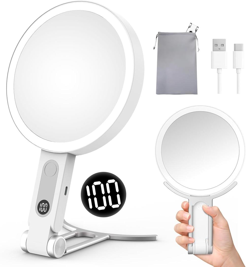 Travel Makeup Mirror with Lights, 1X/20X Magnifying Lighted Makeup Mirror with LED Display ,2-Sided Rechargeable Beauty Mirror with 3 Color Lights & Touch Control, Adjustable Vanity Mirror for Women (Silver)