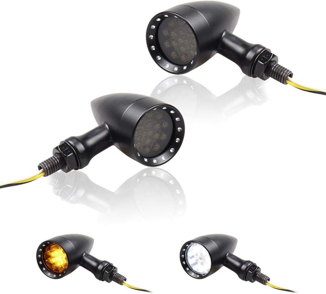 Universal Motorcycle Front Bullet LED Turn Signals, Switchback White Running Lights Compatible with Honda Harley Yamaha Scooter Kawasaki Suzuki Triumph